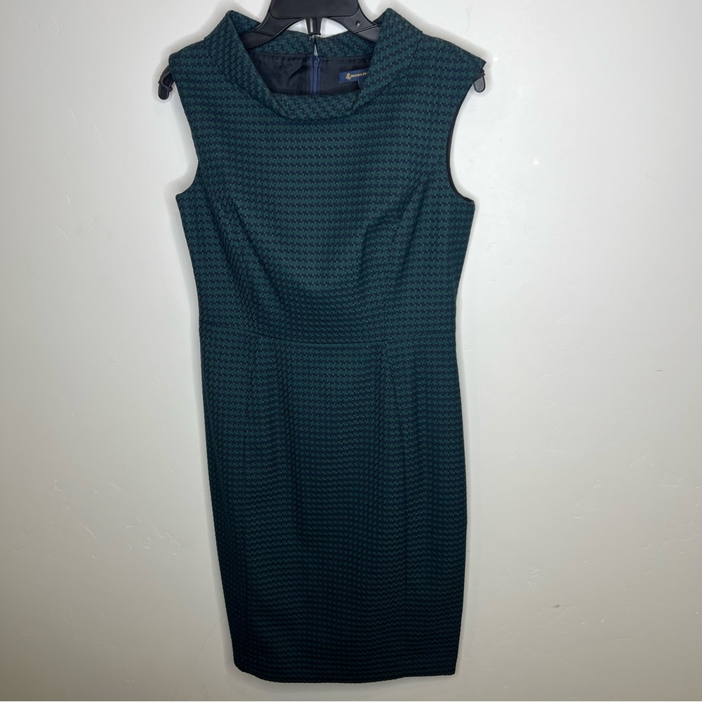 BROOKS BROTHERS Houndstooth Bateau Collar Sleeveless Sheath Green Dress 6